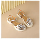 Jnyhbzz Summer Round Head Flowers Sweet Platform Sandals Comfortable One Word Buckle Beach Wind Low Heel Casual Women's Shoes