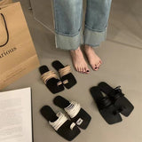 Jnyhbzz Version Of Fine Belt Combination One Word Soft Leather Square Head Slippers Female Open Toe Flat Bottom Beach Sandals