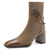 Jnyhbzz Temperament Style ~ New Square Head Thousand Bird Martin Boots Female 2024 Autumn Bow Thick High Heel Ankle Boots