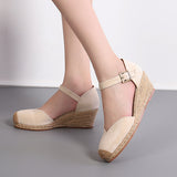 Jnyhbzz Shoes Female Slope Heel Platform New Spring And Autumn Suede One Word Buckle High Heel Hollow Single Shoe Straw Woven
