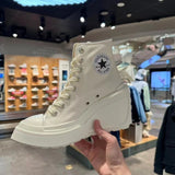 Jnyhbzz Slope Heel Canvas Shoes Female 2024 New Round Head Lace With Versatile Heighten Platform High Top Shoes Small White Shoes