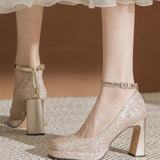 Jnyhbzz Thick With New Mary Jane Crystal Shoes A Word Button Wedding Shoes Bride Shoes Small Square Head High Heels Female