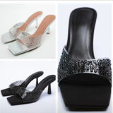 Jnyhbzz Summer New Style Slippers Female Transparent Diamond Square Head A Character High With Fashion Large Size Sandals
