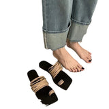 Jnyhbzz Version Of Fine Belt Combination One Word Soft Leather Square Head Slippers Female Open Toe Flat Bottom Beach Sandals