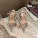 Jnyhbzz Summer Sandals Women's New Pointed Rhinestone Bow One Word Button Belt Sexy High Heel Plus Size Women's Shoes