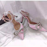 Jnyhbzz Summer Sandals Women's New Pointed Rhinestone Bow One Word Button Belt Sexy High Heel Plus Size Women's Shoes