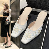 Jnyhbzz Spring And Autumn New Fashion Embroidery With Cool Slippers Small Square Head Suede With Temperament Half Drag Women's Shoes