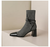 Jnyhbzz Temperament Style ~ New Square Head Thousand Bird Martin Boots Female 2024 Autumn Bow Thick High Heel Ankle Boots