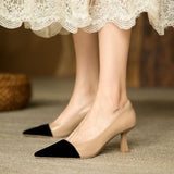 Jnyhbzz Spring And Summer New Splicing Brown Light Mouth Single Shoes Female French Pointed Female Thin Heel Simple Temperament High Heels