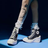 Jnyhbzz Slope Heel Canvas Shoes Female 2024 New Round Head Lace With Versatile Heighten Platform High Top Shoes Small White Shoes