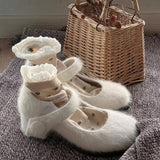 Jnyhbzz Autumn And Winter New Mink Hair And Velvet Mary Jane High Heels Round Head Thick Heel Simple Lamb Wool Shoes Middle Heel