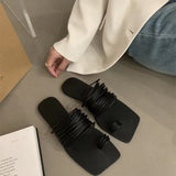 Jnyhbzz Version Of Fine Belt Combination One Word Soft Leather Square Head Slippers Female Open Toe Flat Bottom Beach Sandals