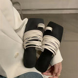 Jnyhbzz Version Of Fine Belt Combination One Word Soft Leather Square Head Slippers Female Open Toe Flat Bottom Beach Sandals