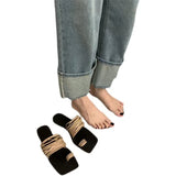 Jnyhbzz Version Of Fine Belt Combination One Word Soft Leather Square Head Slippers Female Open Toe Flat Bottom Beach Sandals