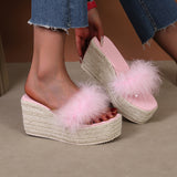Jnyhbzz Slope With Thick Bottom High Heel A Word Drag Open-Toe Sandals Women's Wool Slippers Grass Hemp Rope Bottom