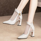 Jnyhbzz Buckle Tip Mesh Gauze Sandals 2024 Sexy Hollow Out V Mouth Women's Shoes High Heel Thick Heel Female Sandals