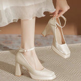 Jnyhbzz Waterproof High Heels Female Thick With Small Mary Square Head Bride Shoes Wedding Shoes Wedding Single Shoes Female Spring And Autumn