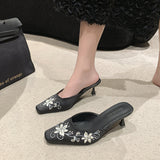 Jnyhbzz Spring And Autumn New Fashion Embroidery With Cool Slippers Small Square Head Suede With Temperament Half Drag Women's Shoes