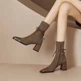 Jnyhbzz Temperament Style ~ New Square Head Thousand Bird Martin Boots Female 2024 Autumn Bow Thick High Heel Ankle Boots