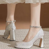 Jnyhbzz Thick With New Mary Jane Crystal Shoes A Word Button Wedding Shoes Bride Shoes Small Square Head High Heels Female