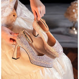 Jnyhbzz Thick With New Mary Jane Crystal Shoes A Word Button Wedding Shoes Bride Shoes Small Square Head High Heels Female