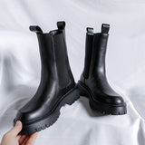 Jnyhbzz New 2024 High Leg Thick Chelsea Boots Round Head Black Korean Fashion Single Boots 9612-R