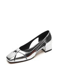 Jnyhbzz Vintage Silver Shallow Mouth Sandals Women's Low Heel Summer 2024 New Style Elegant Soft Leather Square Head Thick Heel Mary Jane Shoes