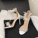 Jnyhbzz Wind A Word With Fine Heel Sandals 2024 New White Crystal Wedding Shoes Water Diamond High Heels Women