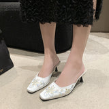 Jnyhbzz Spring And Autumn New Fashion Embroidery With Cool Slippers Small Square Head Suede With Temperament Half Drag Women's Shoes