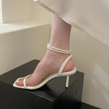 Jnyhbzz Heel Sandal 2024 Summer Fairy Wind Square Heels Pearl Chain Word Buckle Sandal Woman