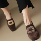 Jnyhbzz Fragrant Wind Frosted Skin Square Button Water Diamond Rough Heel Single Shoes Female Retro Square Head Middle Heel Loafers Shallow Mouth And Velvet Women's Shoes