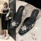 Jnyhbzz Spring And Autumn New Fashion Embroidery With Cool Slippers Small Square Head Suede With Temperament Half Drag Women's Shoes