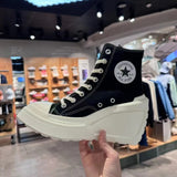 Jnyhbzz Slope Heel Canvas Shoes Female 2024 New Round Head Lace With Versatile Heighten Platform High Top Shoes Small White Shoes