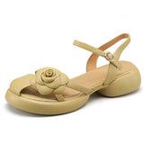 Jnyhbzz Summer Round Head Flowers Sweet Platform Sandals Comfortable One Word Buckle Beach Wind Low Heel Casual Women's Shoes