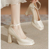 Jnyhbzz Waterproof High Heels Female Thick With Small Mary Square Head Bride Shoes Wedding Shoes Wedding Single Shoes Female Spring And Autumn