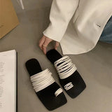 Jnyhbzz Version Of Fine Belt Combination One Word Soft Leather Square Head Slippers Female Open Toe Flat Bottom Beach Sandals