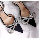 Jnyhbzz Summer Sandals Women's New Pointed Rhinestone Bow One Word Button Belt Sexy High Heel Plus Size Women's Shoes