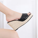 Jnyhbzz Slippers 2024 Summer New Thick Sole High Heel Retro Square-Headed Sandals Women's Fashionable Hemp Rope Grass Base